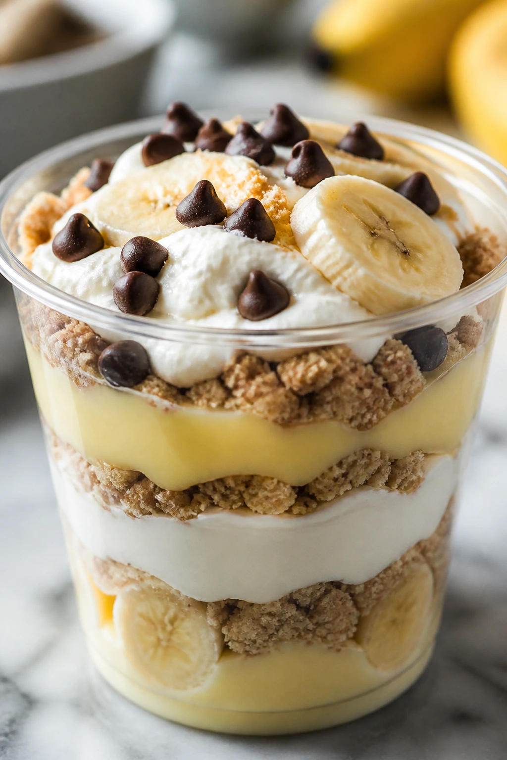 Close-up of layered no-bake banana split cup with pudding, banana, yogurt and graham crumbs