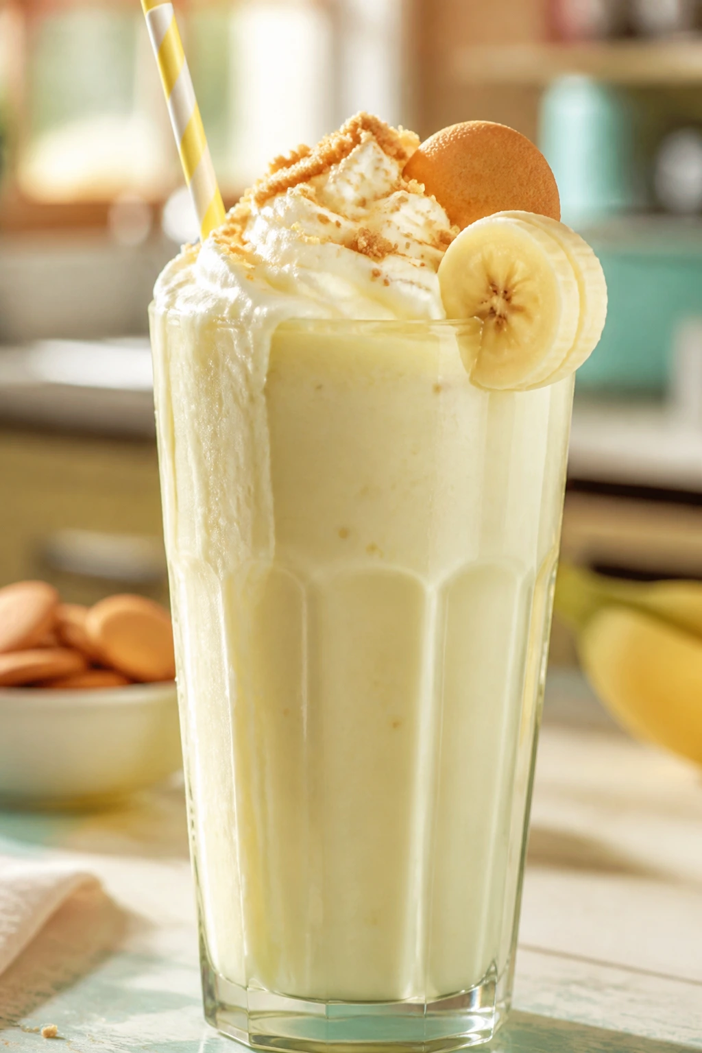 Close-up of banana pudding shake in a tall glass on a cozy kitchen counter