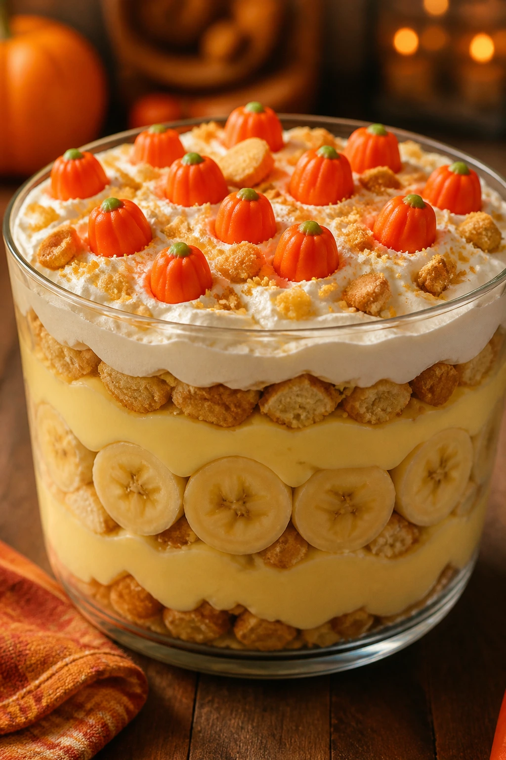 Banana pudding trifle with candy pumpkins in glass bowl, banana slices and vanilla pudding visible.