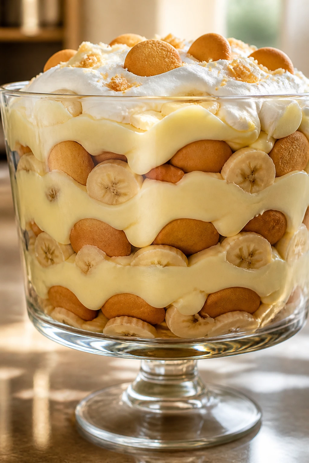 Close-up of banana pudding trifle with pudding, bananas, and wafers in a glass bowl