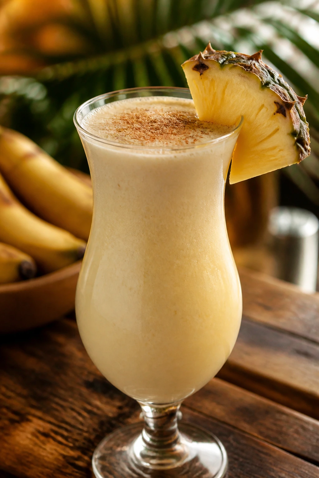Banana Rum Colada cocktail on wooden bar with tropical vibe