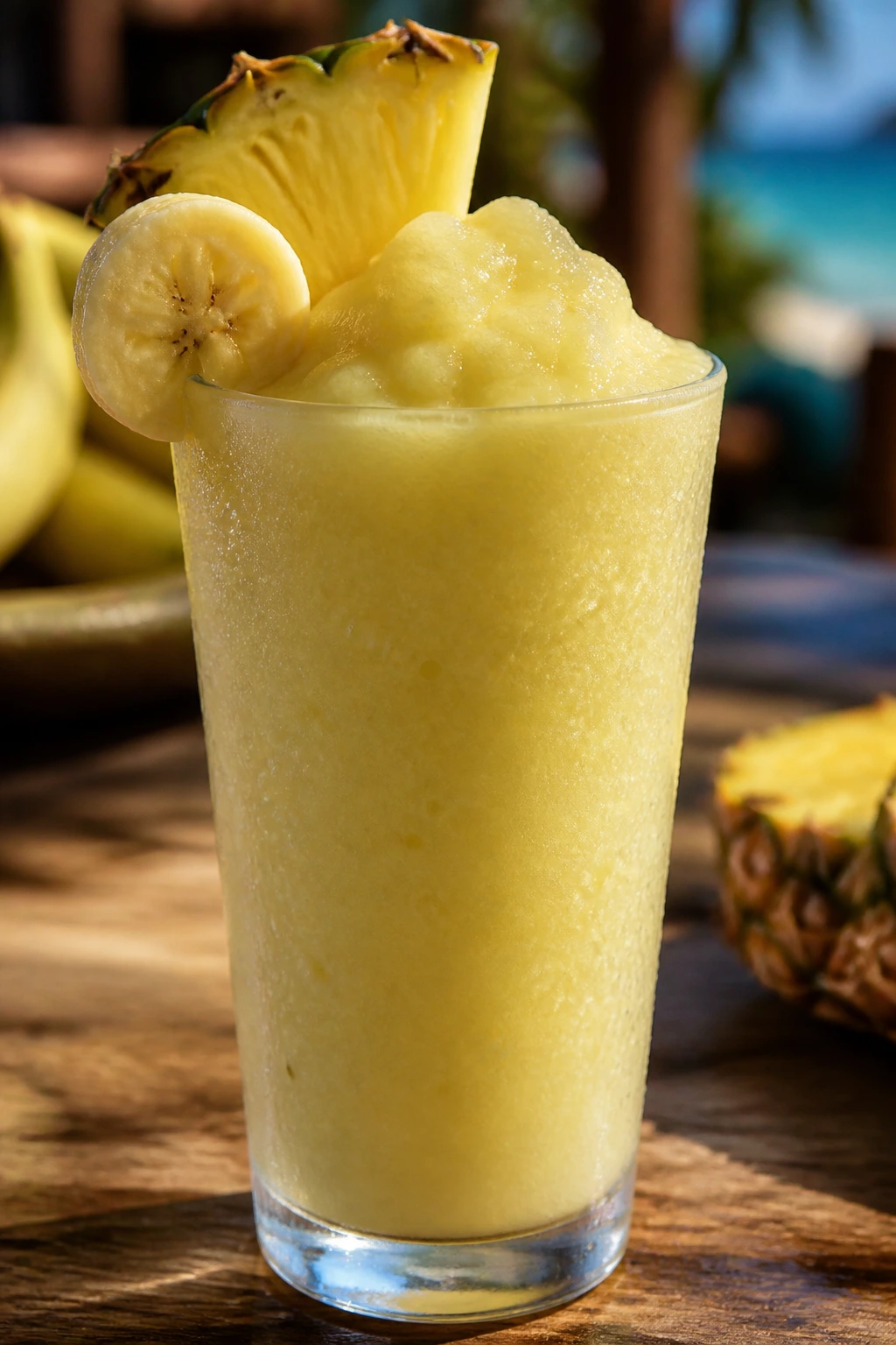 Banana rum slush in a frosty glass with banana garnish