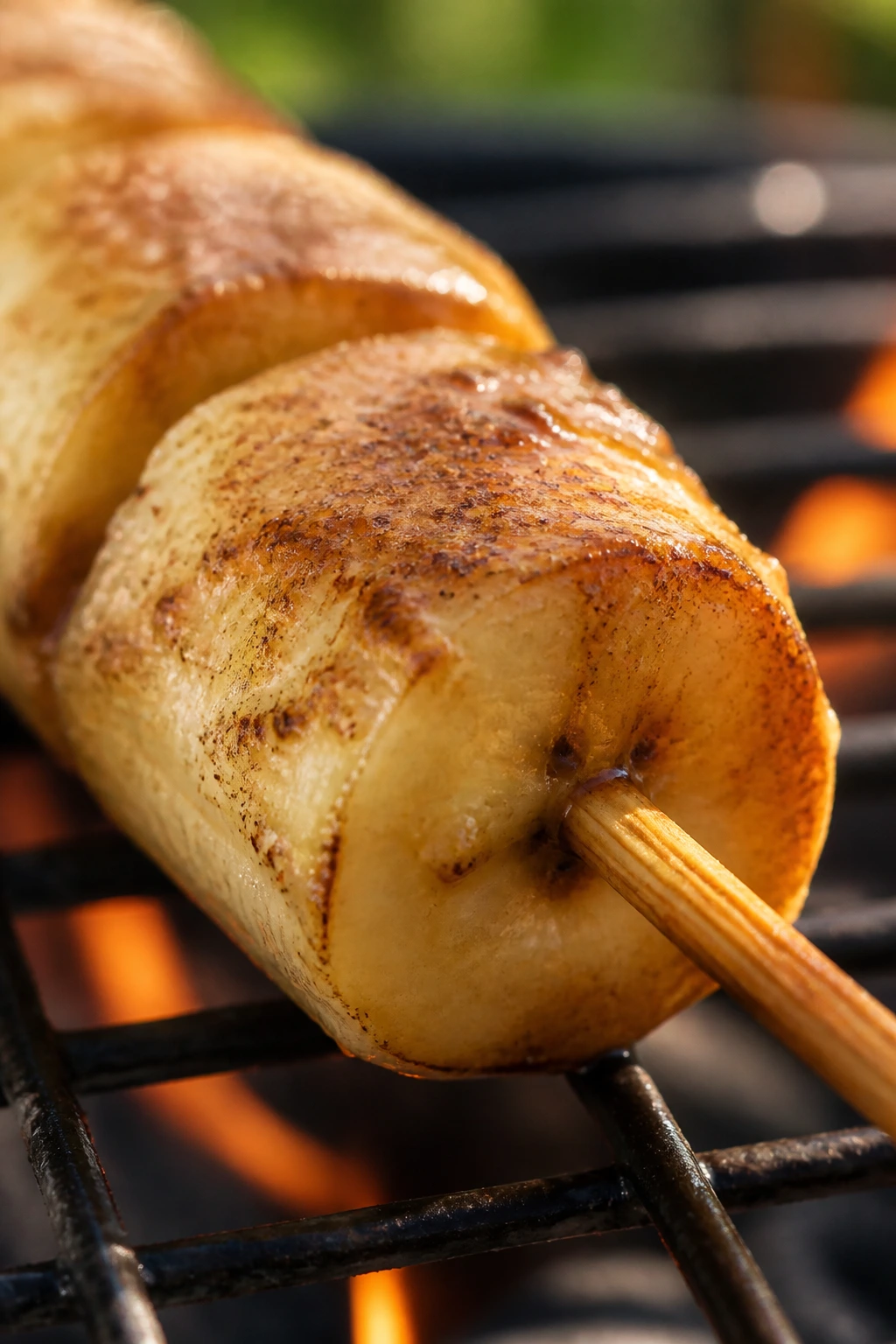 Close-up of a banana on a skewer with caramel glaze grilled outdoors