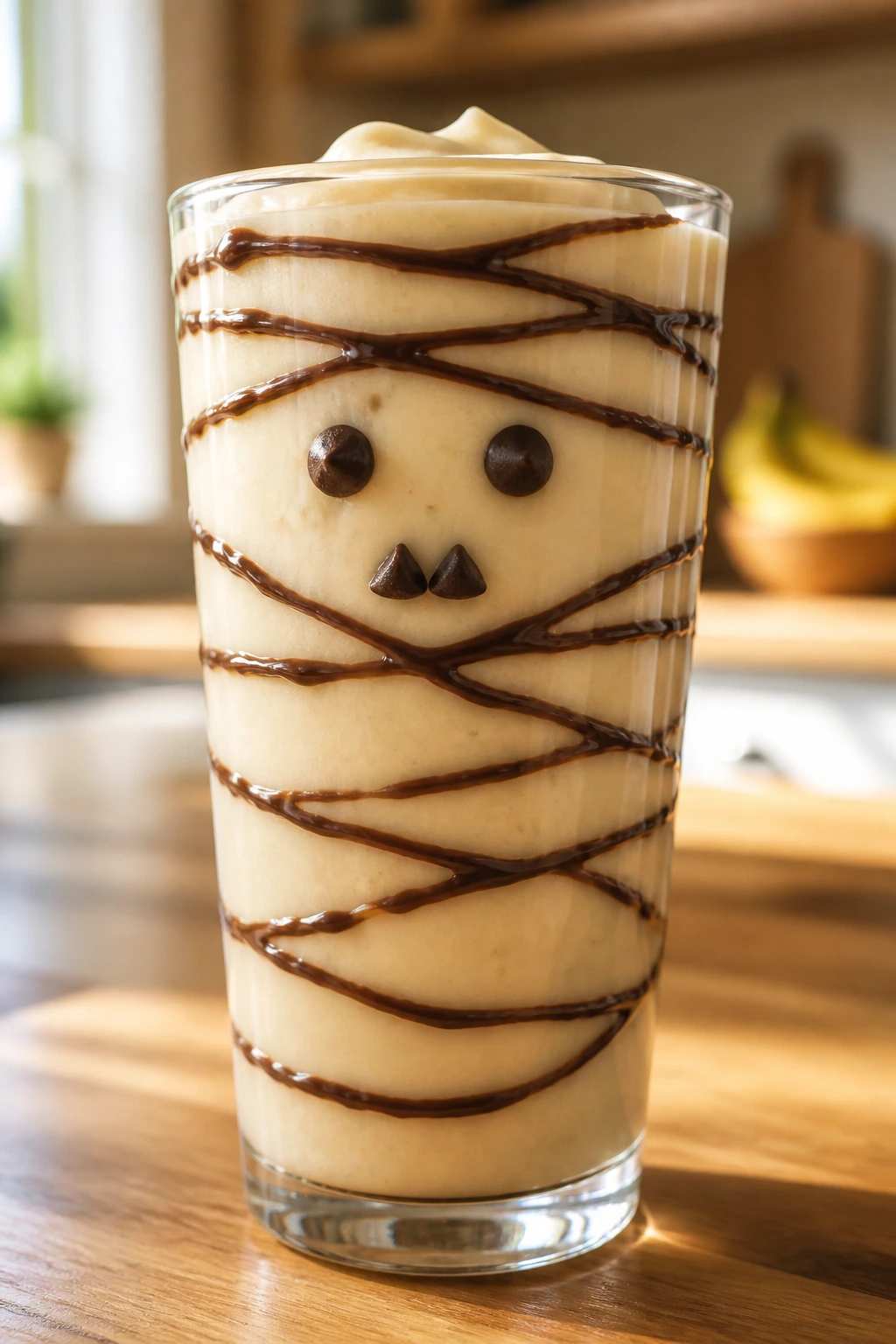 Close-up of pale mummy banana cream smoothie in glass with chocolate eye chips on a wooden counter