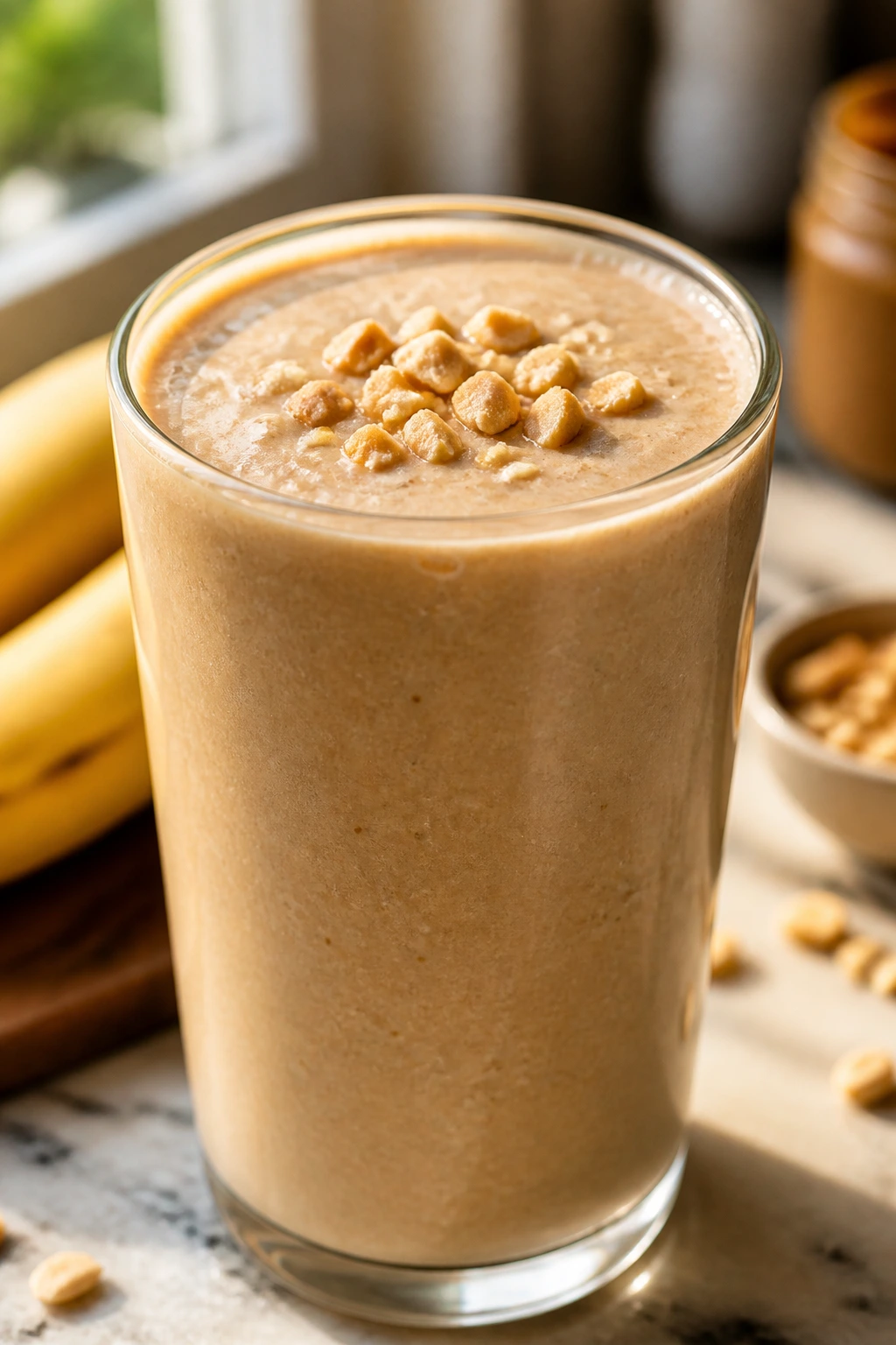 Close-up of banana peanut butter smoothie in glass with crushed peanuts