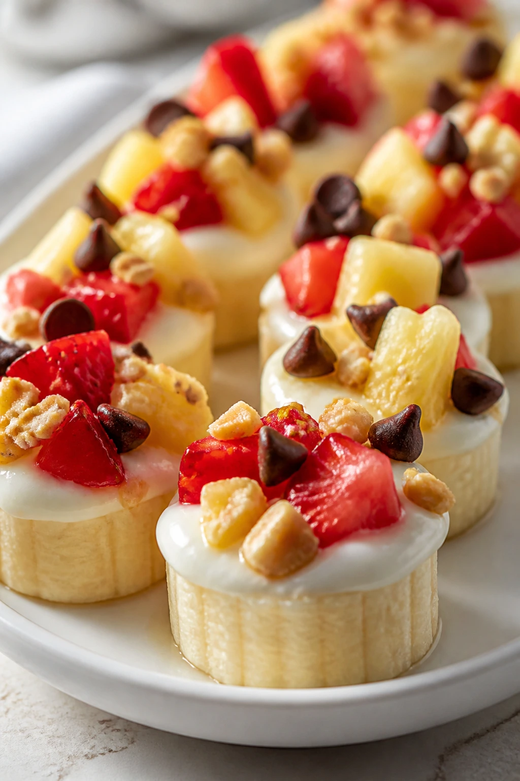 Close-up of banana split bites topped with yogurt and toppings on a light plate