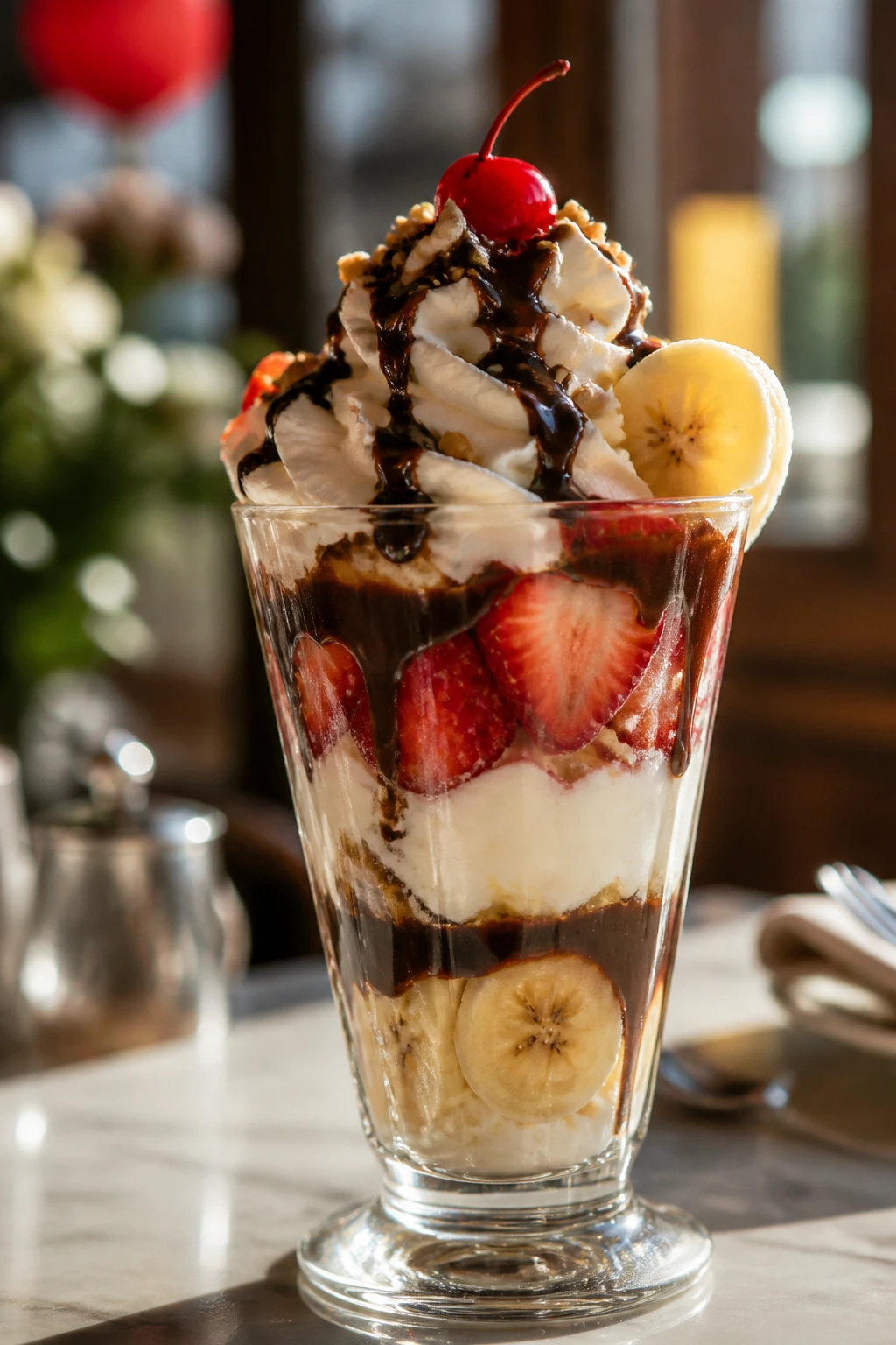 Parfait in a tall glass with banana, strawberry, and cream layers