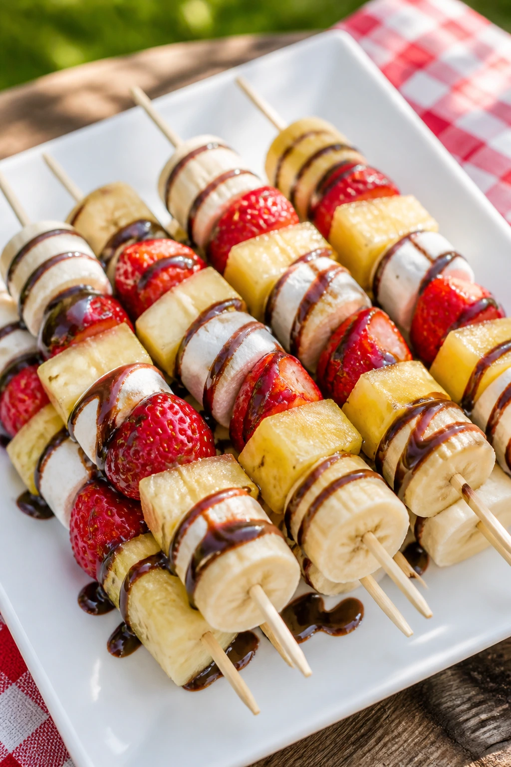 Banana split skewers on a white platter with fruit and chocolate drizzle