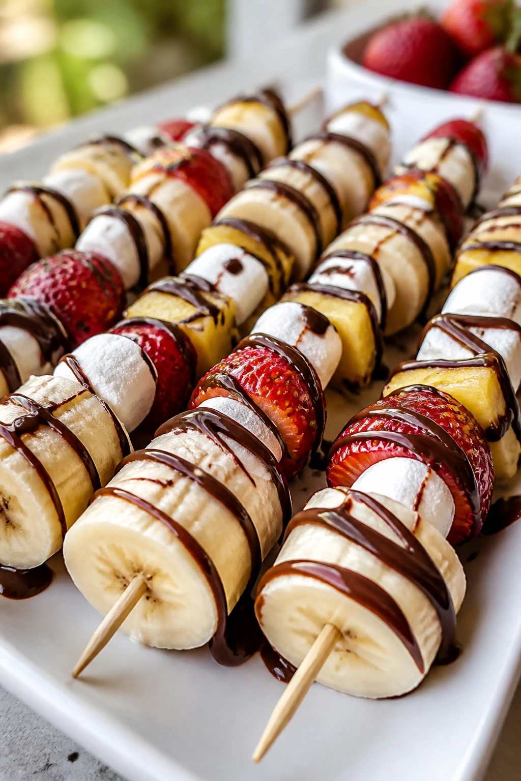 Banana split skewers with fruit and marshmallows on a platter.