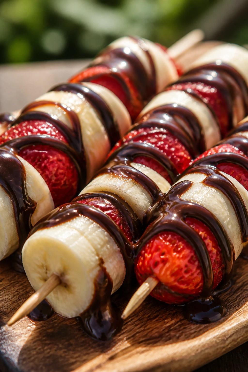 Close-up of Banana, Strawberry, and Dark Chocolate Kebabs on a wooden board outdoors