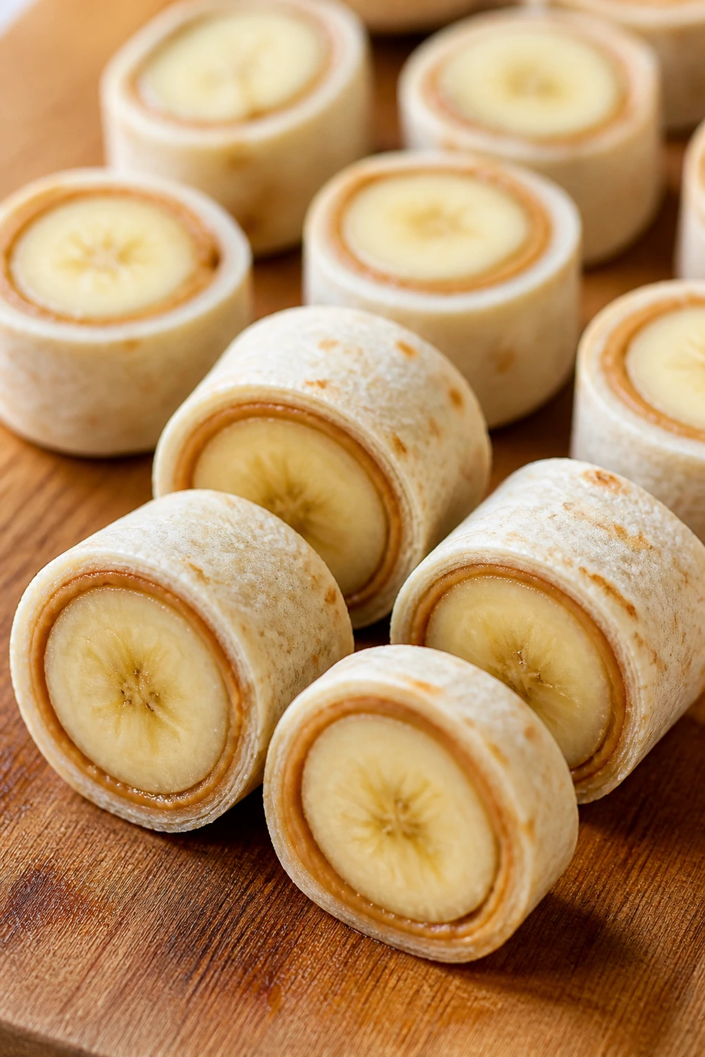 Banana sushi roll-ups sliced into rounds on a wooden board
