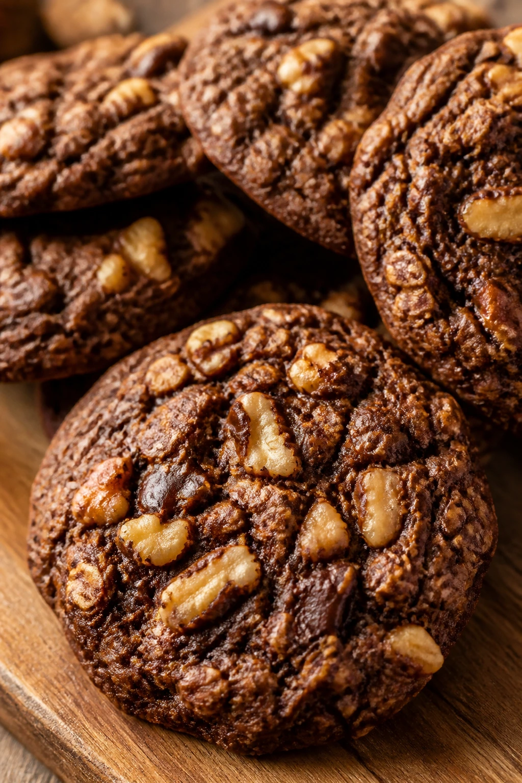 Close-up of Banana Walnut Chocolate Oatmeal Cookies with walnuts