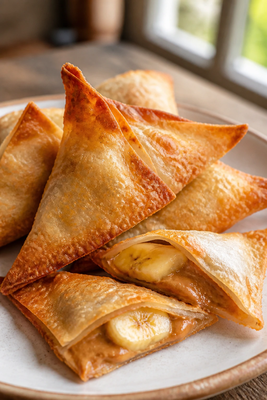 Close-up of peanut butter banana wontons on a plate in a cozy kitchen