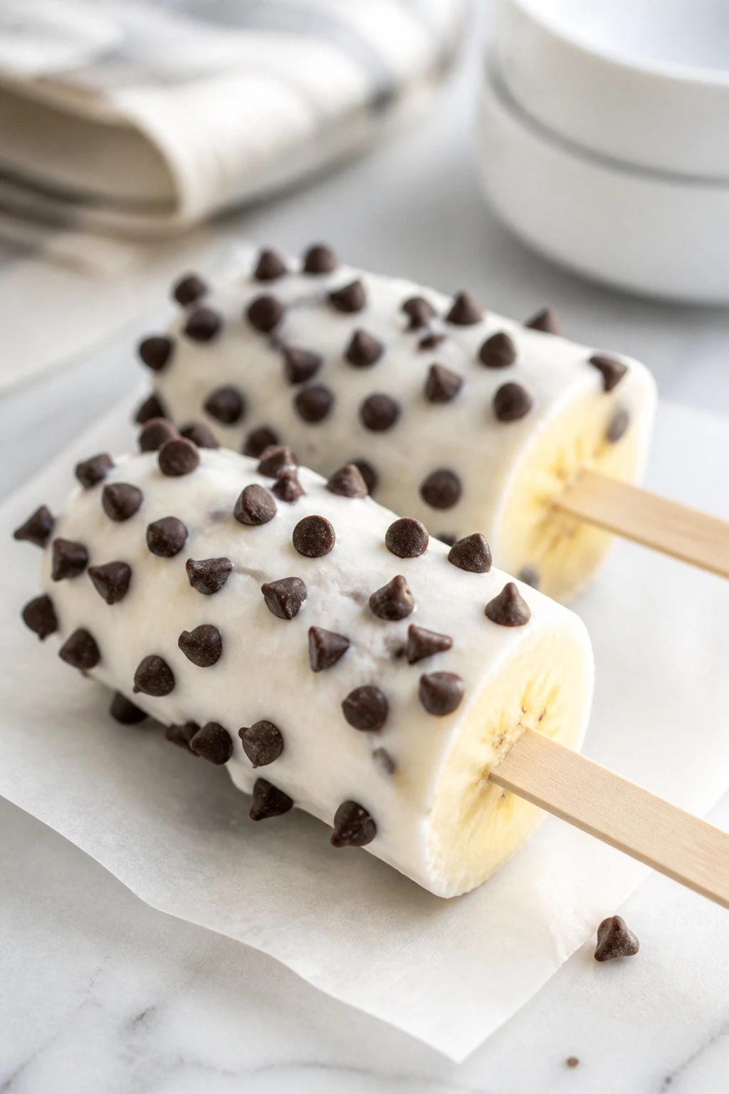 Close-up of frozen banana yogurt pops with chocolate chips on parchment in a bright kitchen.