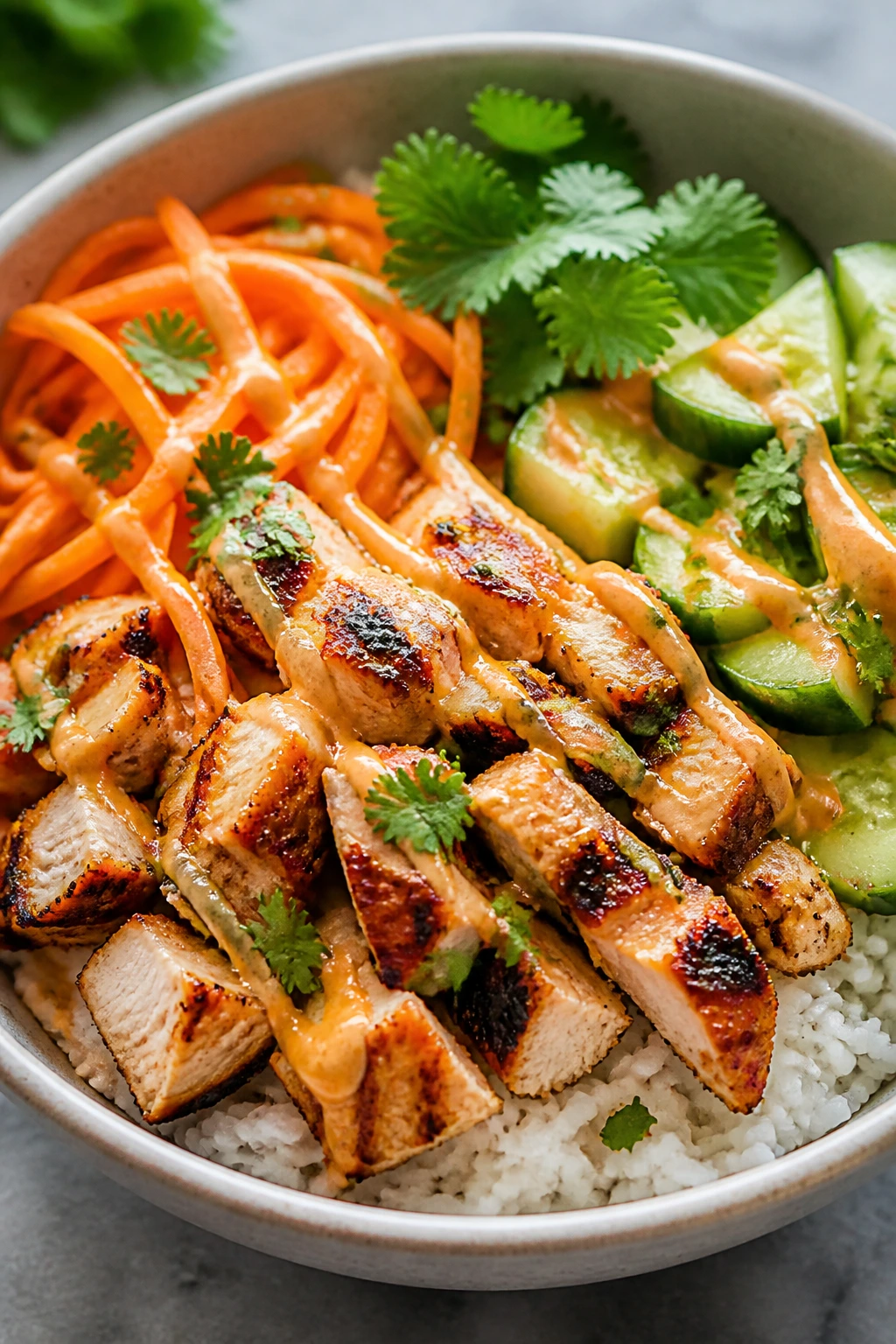 Banh mi inspired chicken rice bowl with pickles