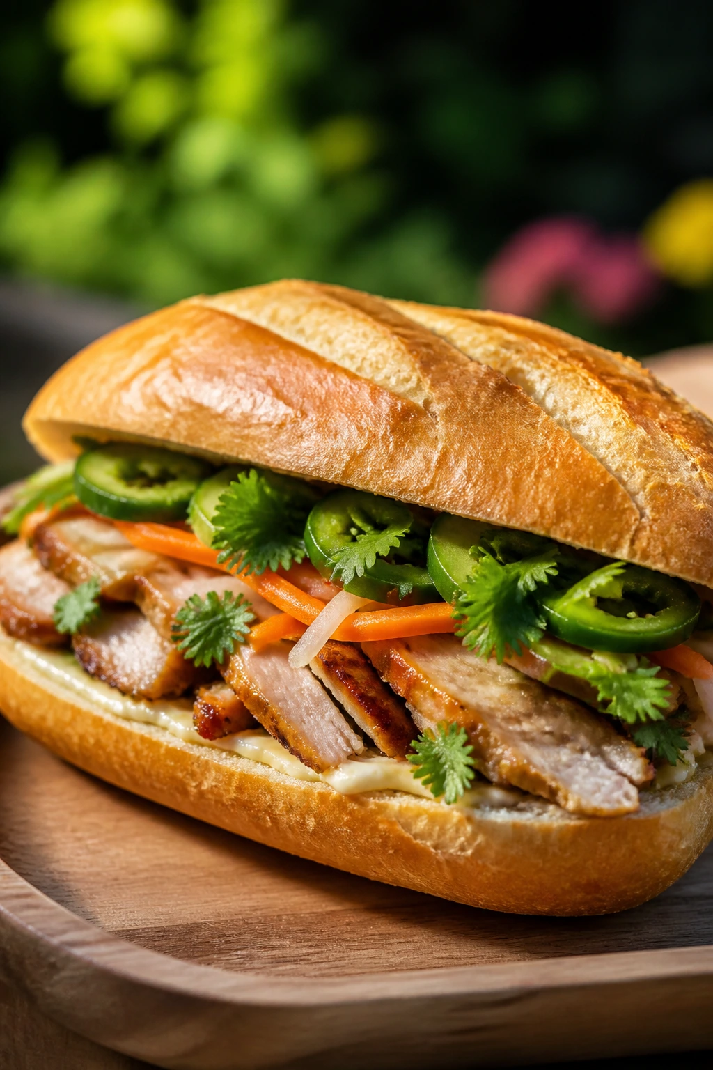 Close-up banh mi chicken sandwich with pickles and herbs