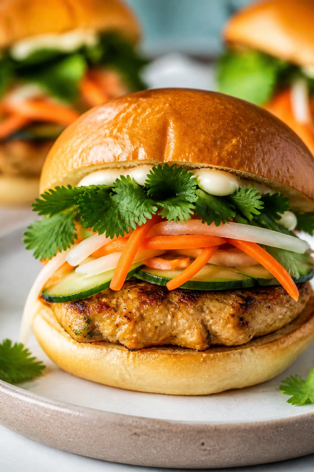 Close-up of a Banh Mi Chicken Slider with pickles and cilantro