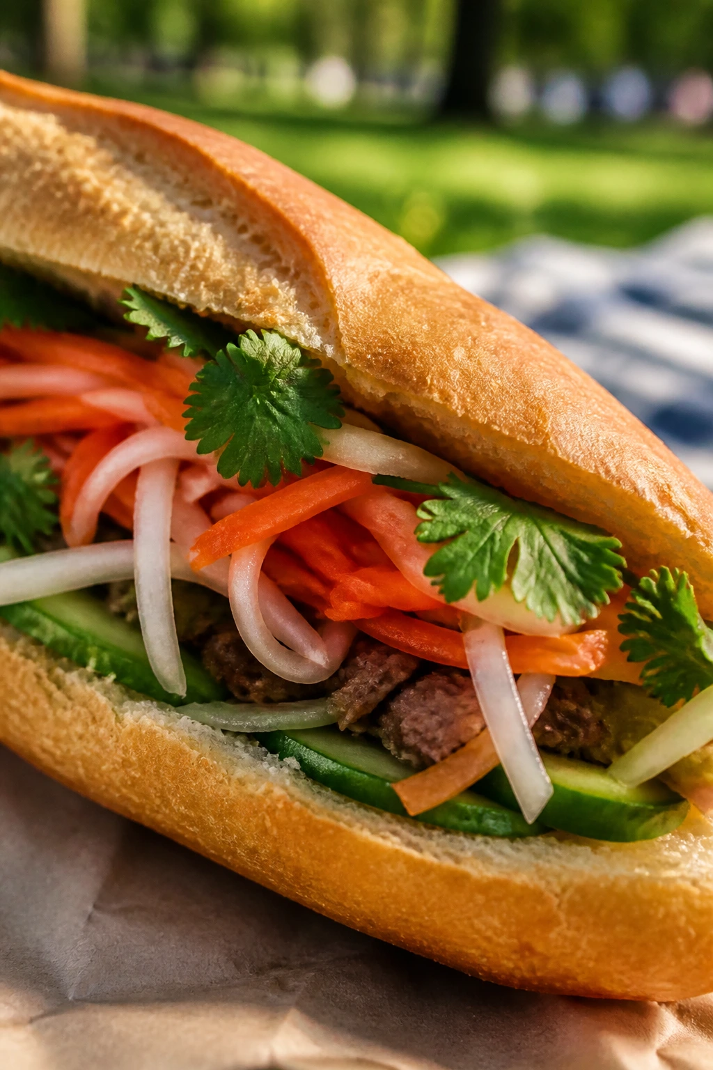 Close-up of banh mi with quick pickled vegetables