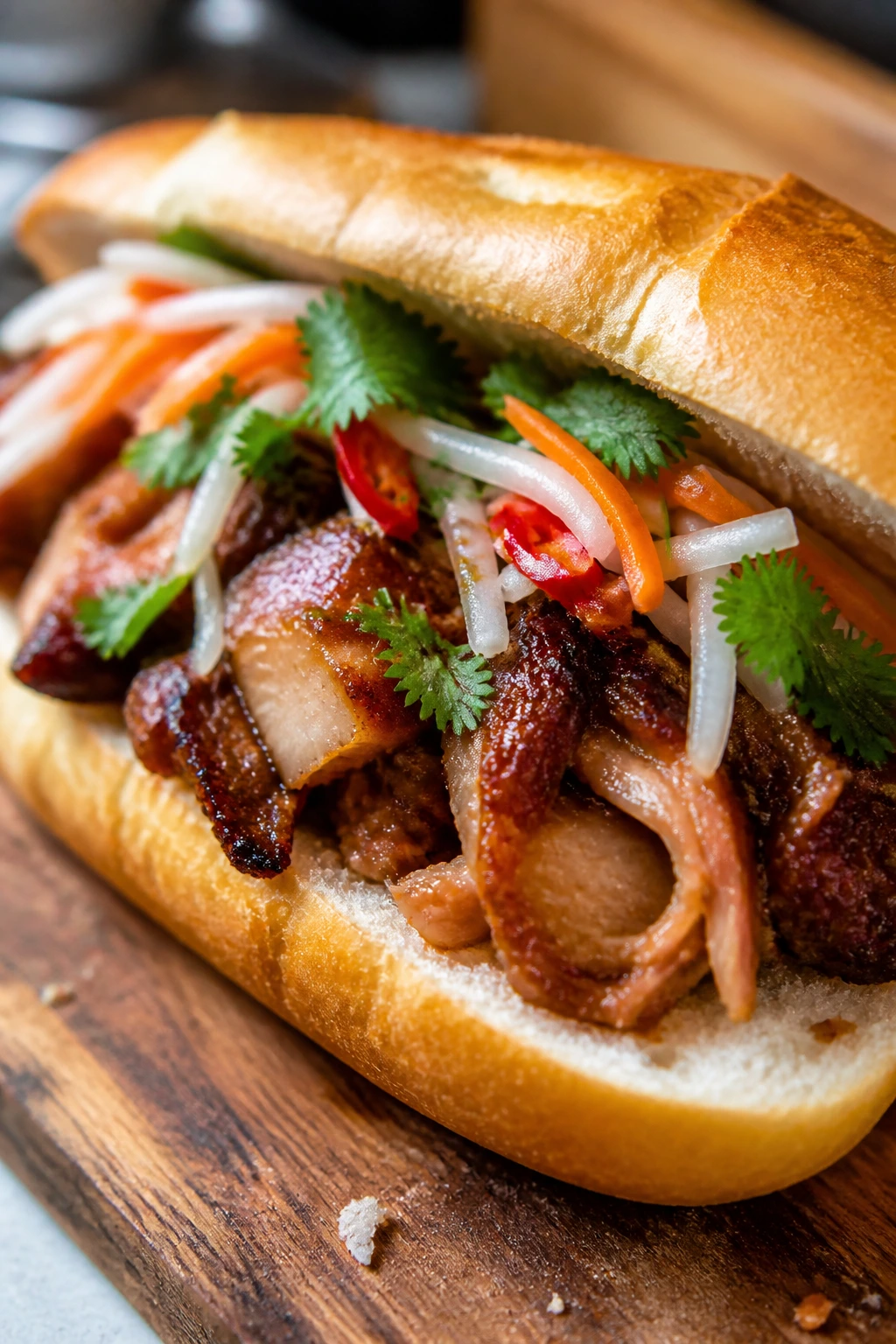 Shredded bánh mì pork belly filling in a baguette with pickled vegetables