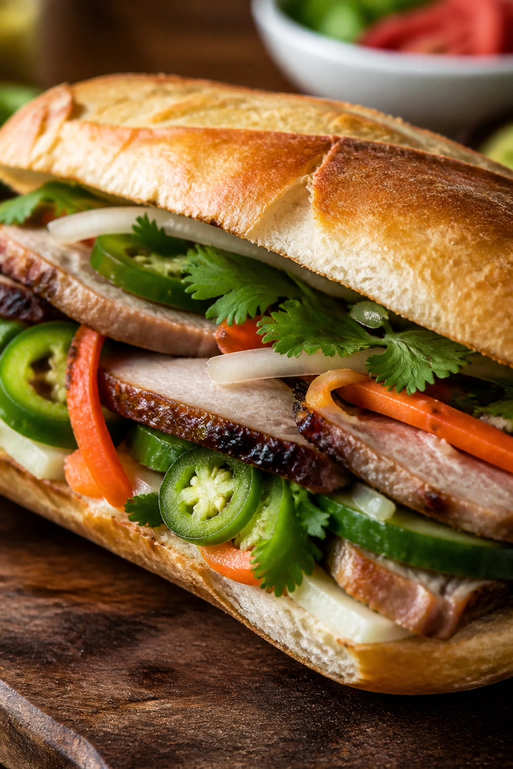 Close-up of bánh mì pork sandwich with pork, pickles and cilantro outdoors