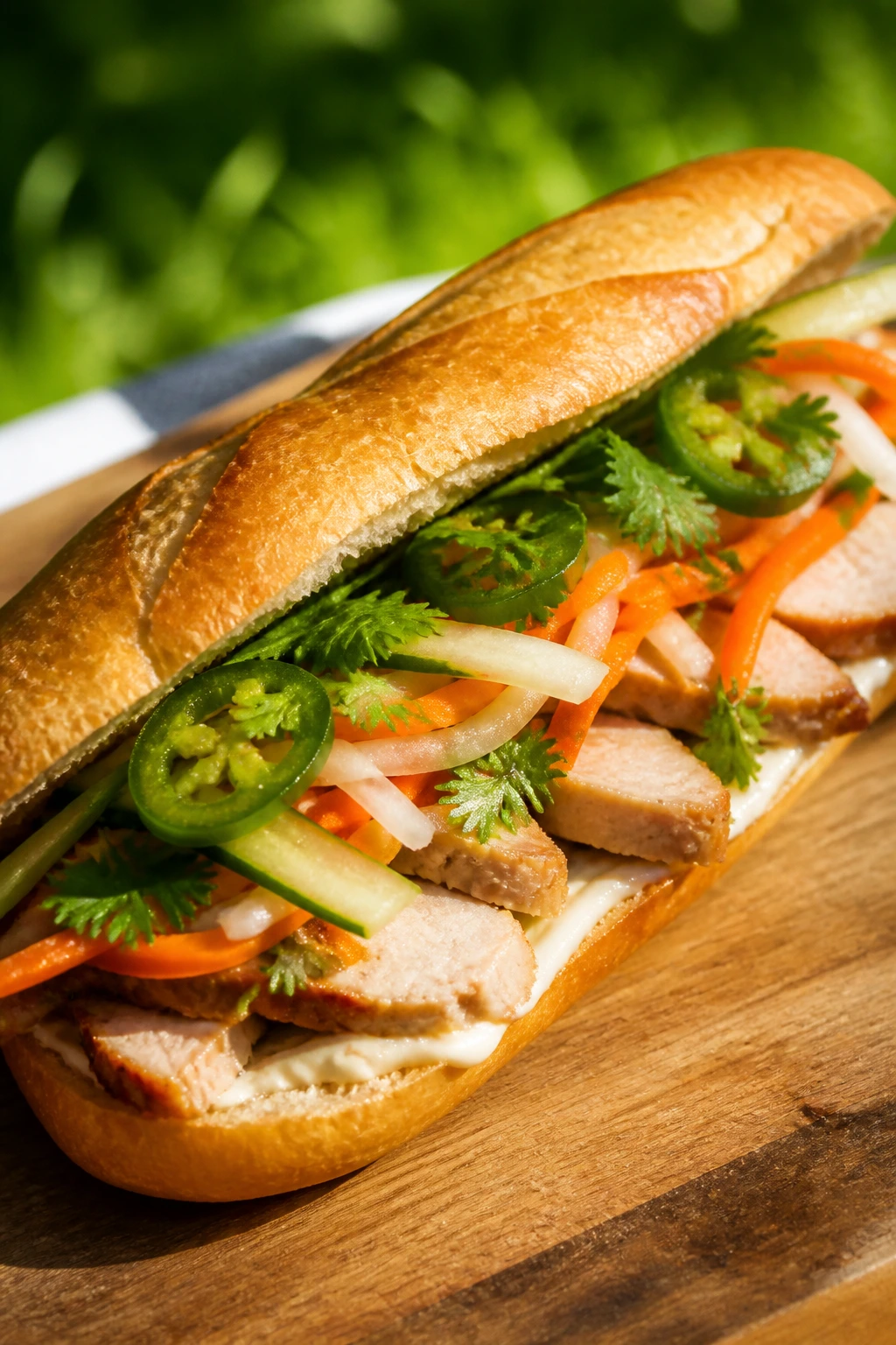 Close-up of Chicken Bánh Mì sandwich with pickled vegetables on a sunny outdoor table