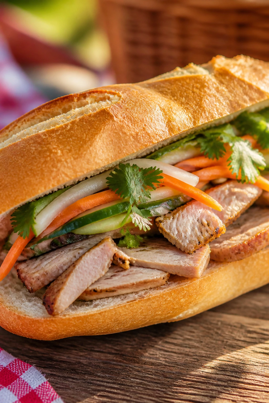 Banh mi sandwich with pickled vegetables and cilantro on wooden table