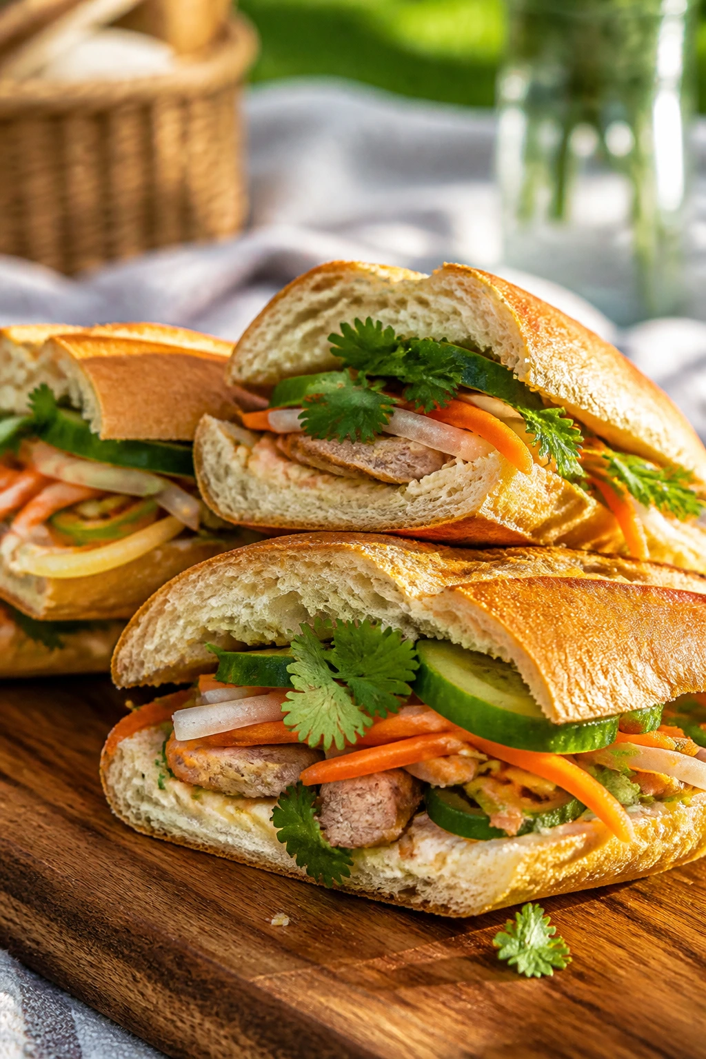 Close-up of banh mi sandwiches with pickles and herbs on a picnic board