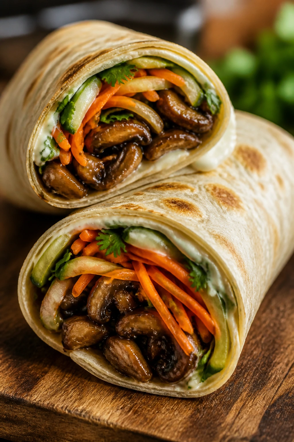 Close-up of a Banh Mi mushroom and pickled carrot wrap sliced to show filling