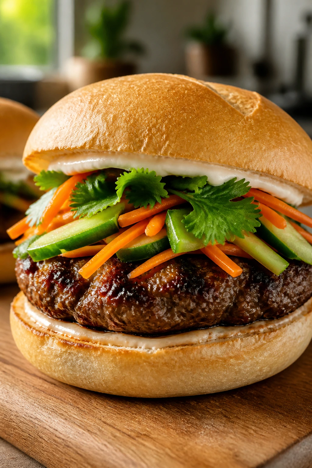 Close-up of a Banh Mi Burger with pickled carrots, cucumber, cilantro and mayo on a light bun