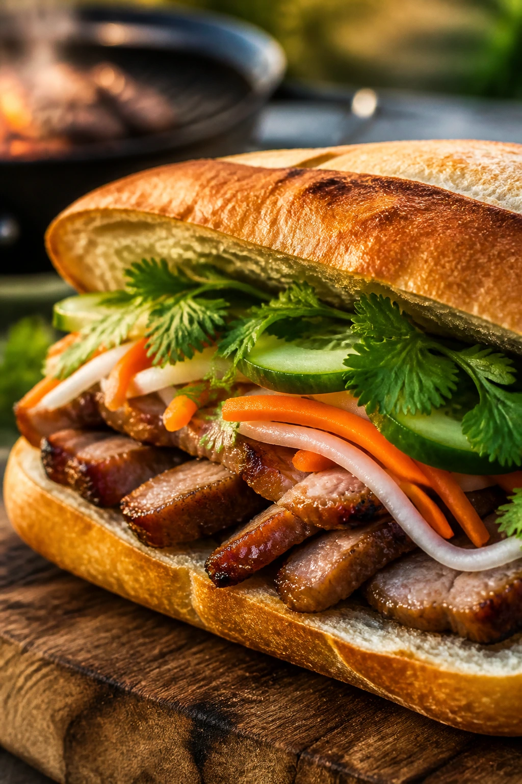 Close-up of a Banh Mi-Style Pork Sandwich with pork, pickles, cucumber, and cilantro on toasted bread
