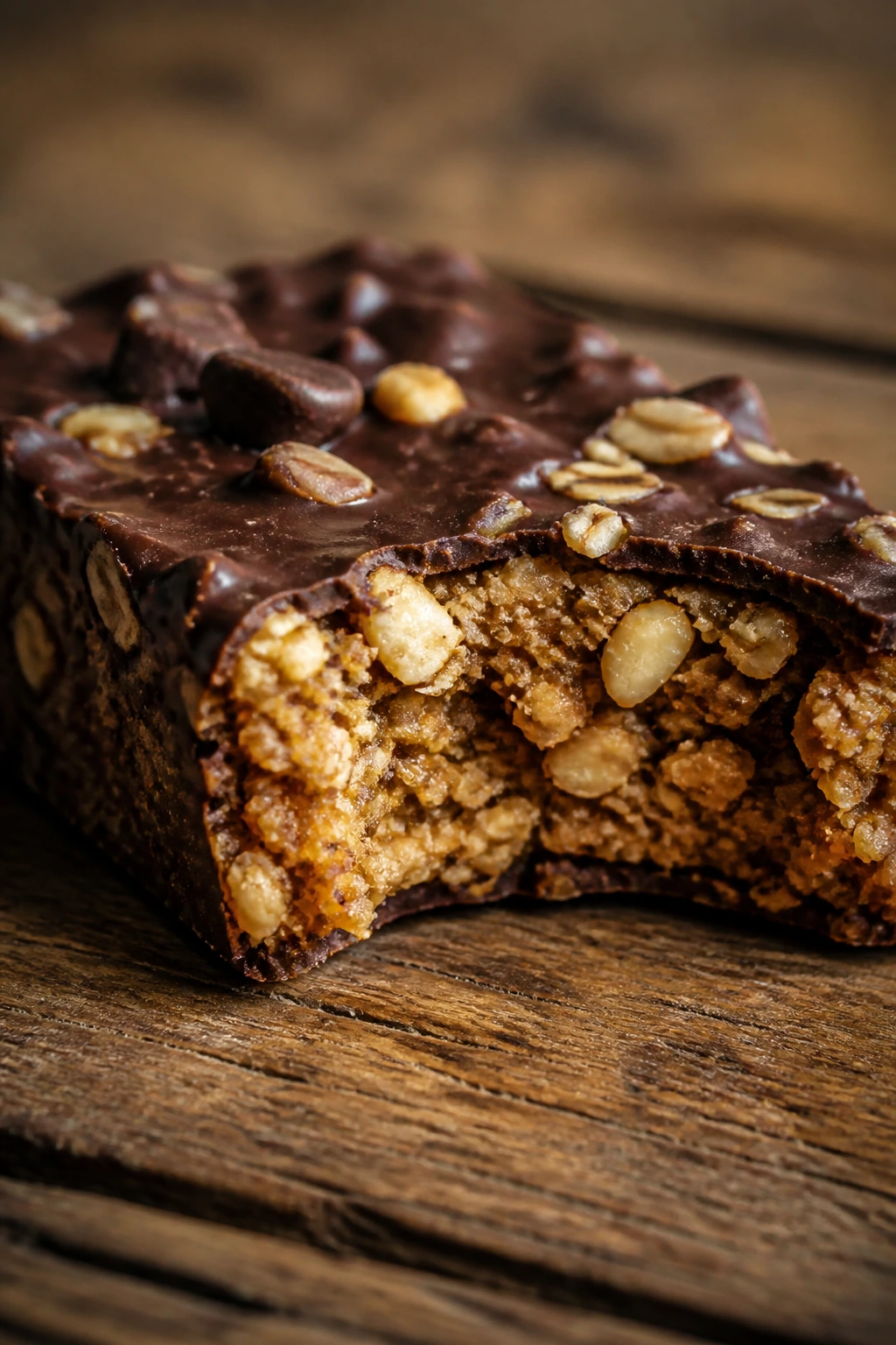 Protein bar with a bite taken out on wooden surface