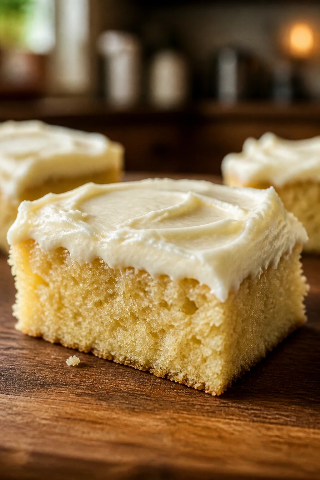 Close-up cross-section of a sugar cookie bar showing soft crumb and frosting