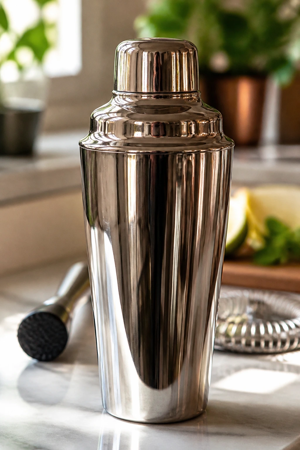 Close-up of a stainless steel cocktail shaker dominating a kitchen counter.