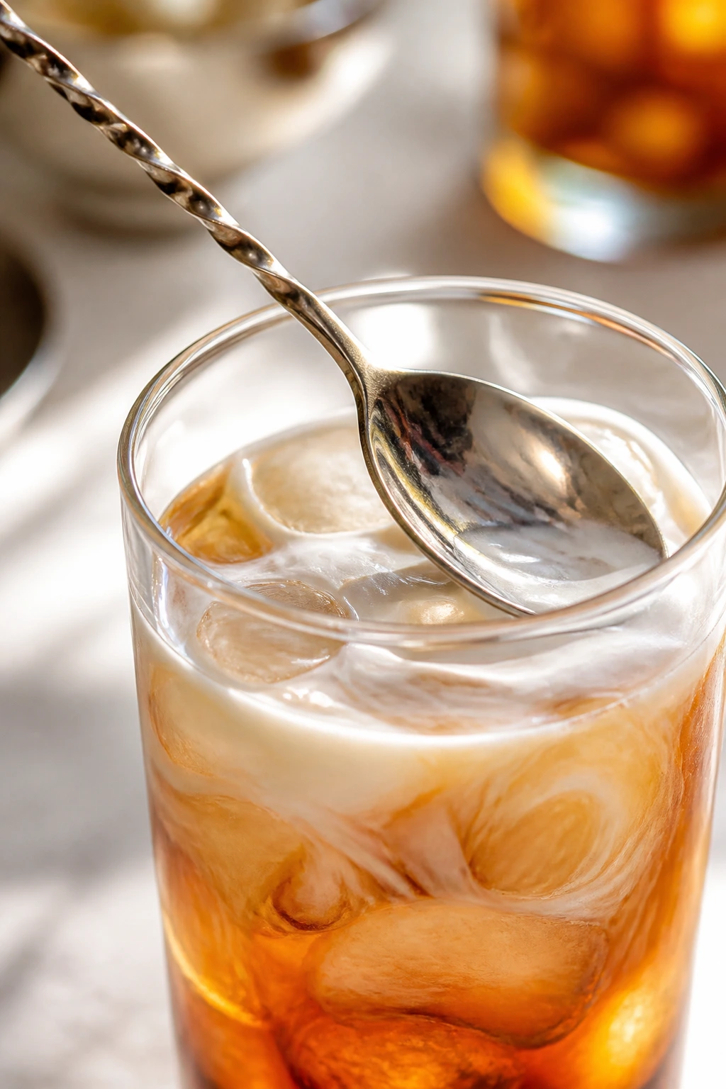 Bar spoon ready to swirl tropical Thai tea in a glass.