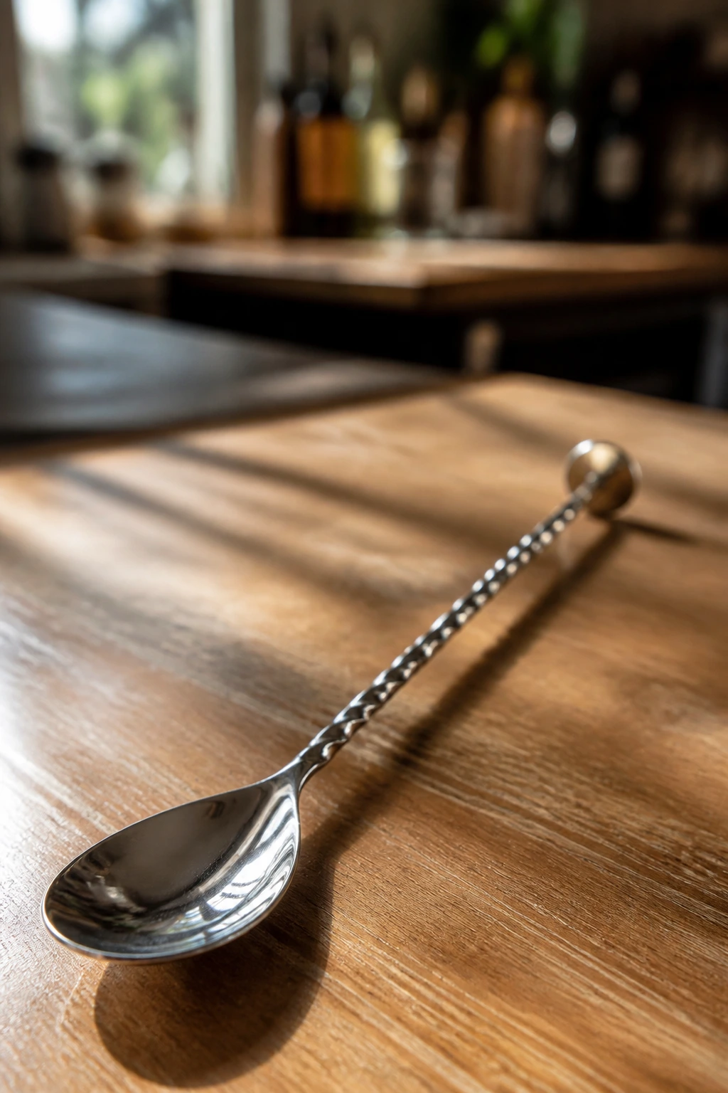 Bar spoon on wooden counter