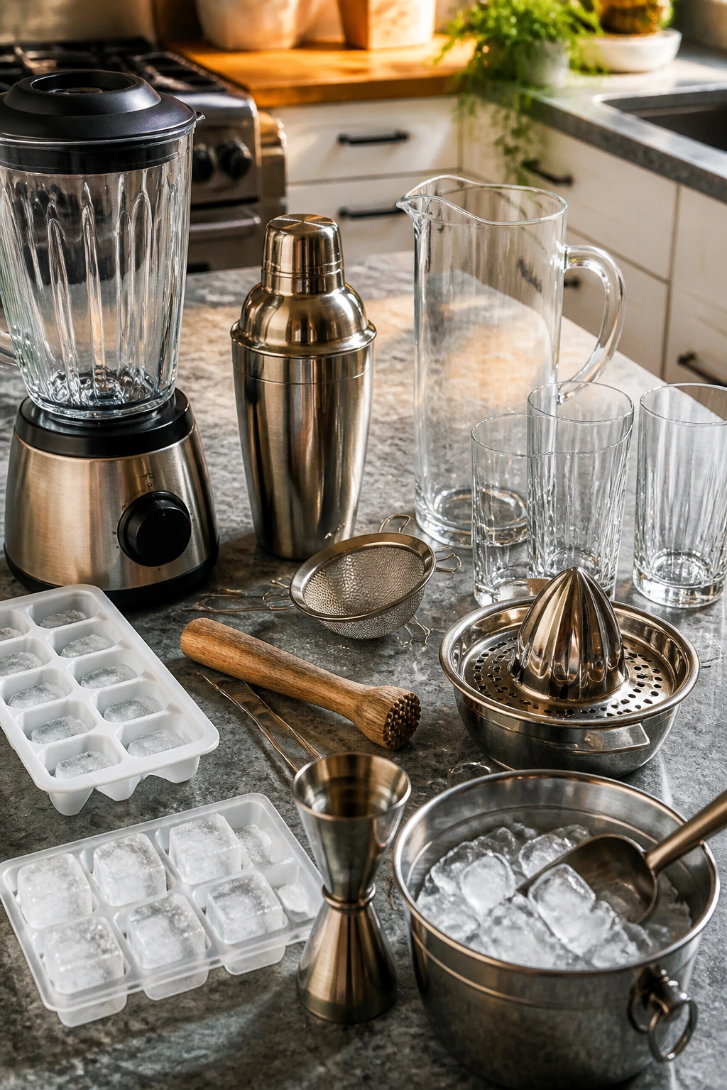 Kitchen counter with essential bar tools arranged in a row