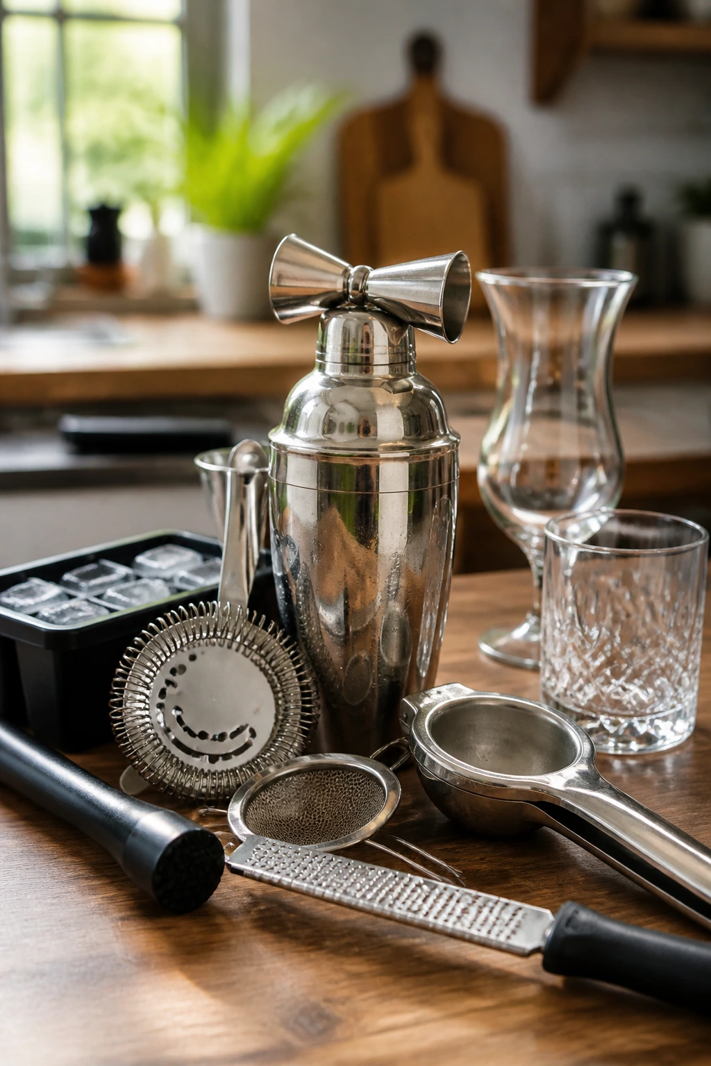 Close-up of essential tropical drink equipment on a wooden counter.