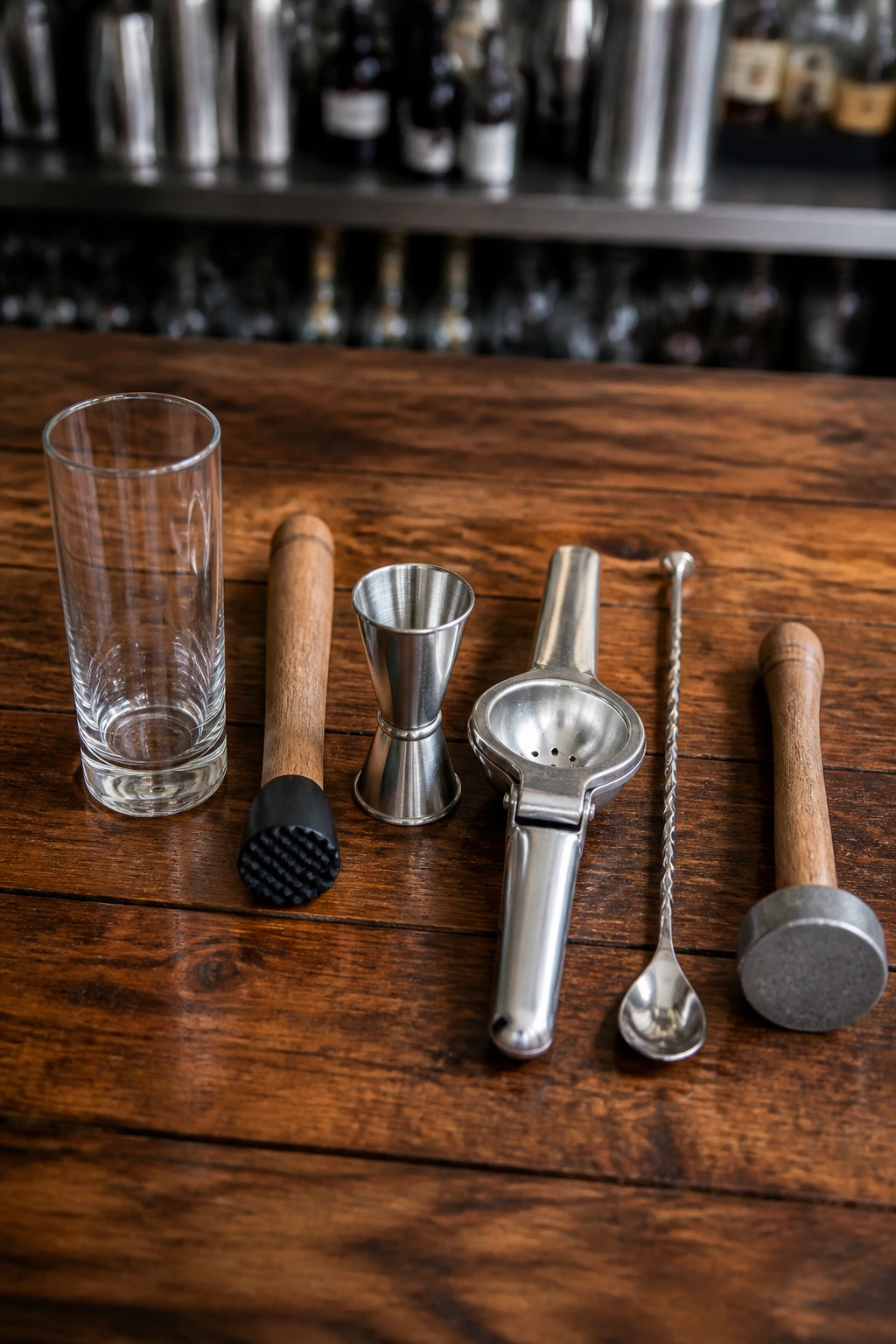 Bar tools arranged on wood surface for cocktail making