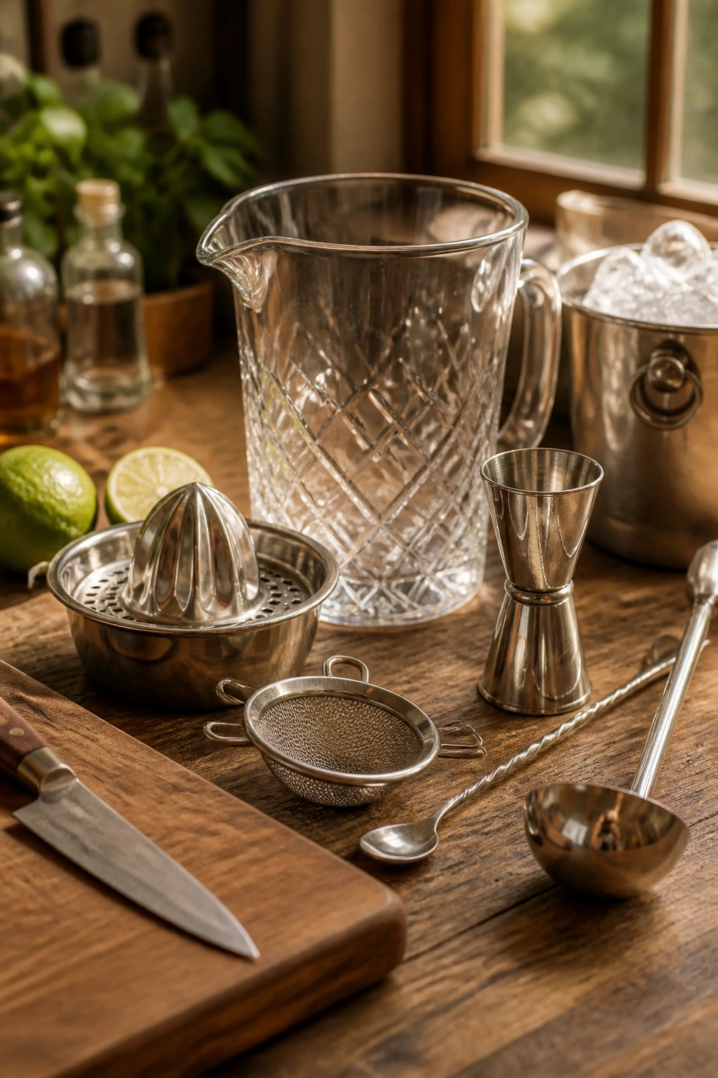 Close-up of essential bar tools for mixing rum punch on a wooden surface