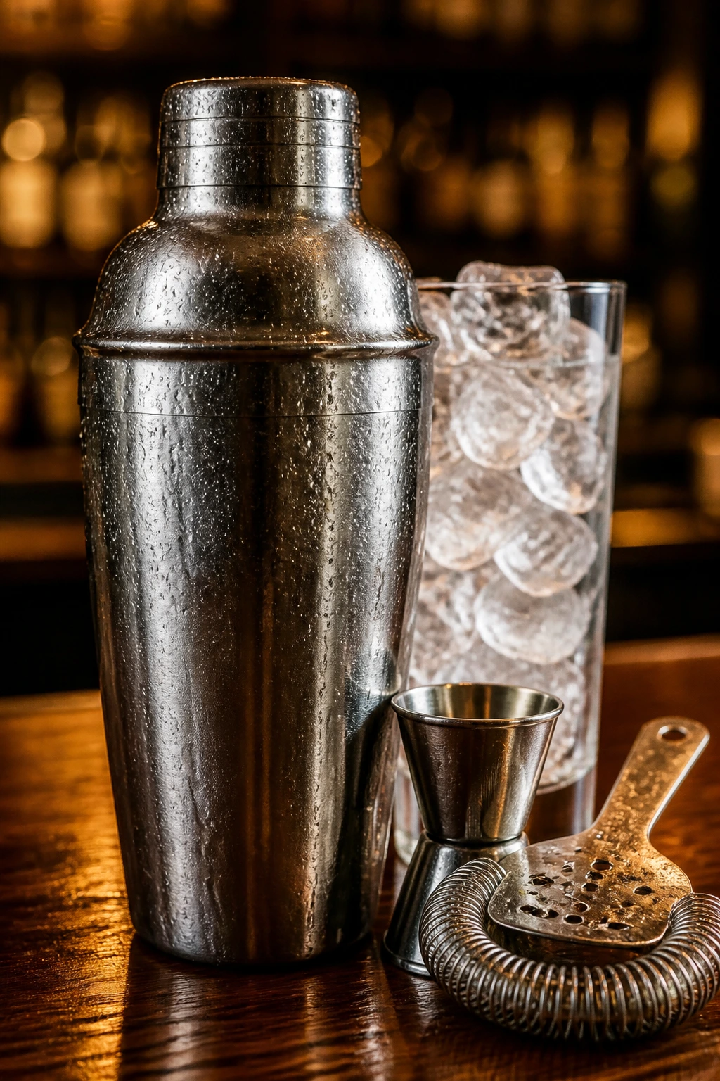 Shaker, highball glass with ice, and bar tools on a bar counter