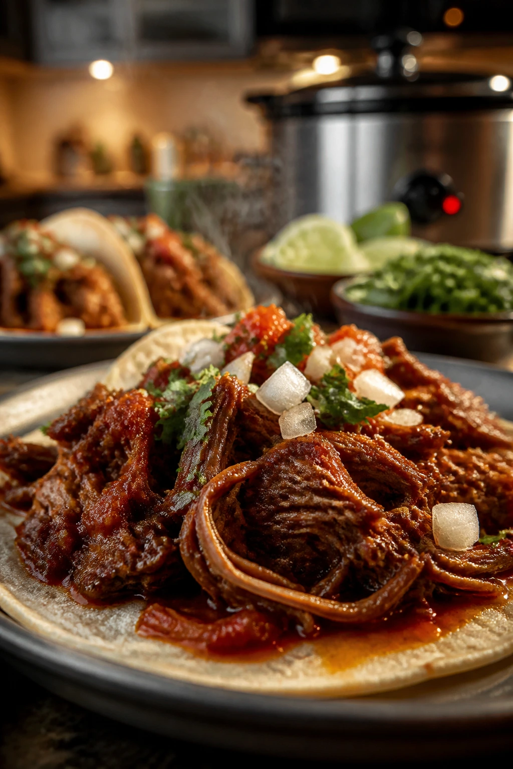 Close-up of shredded barbacoa beef in a tortilla with steam