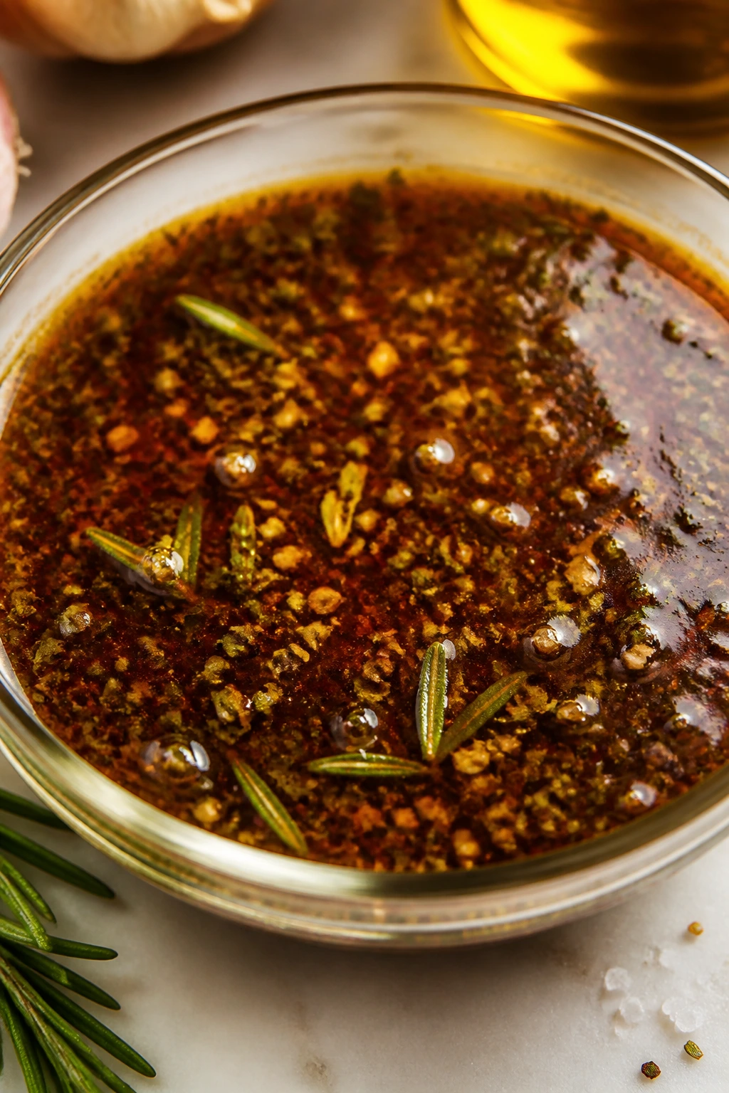 Glossy BBQ marinade with visible herbs in glass dish