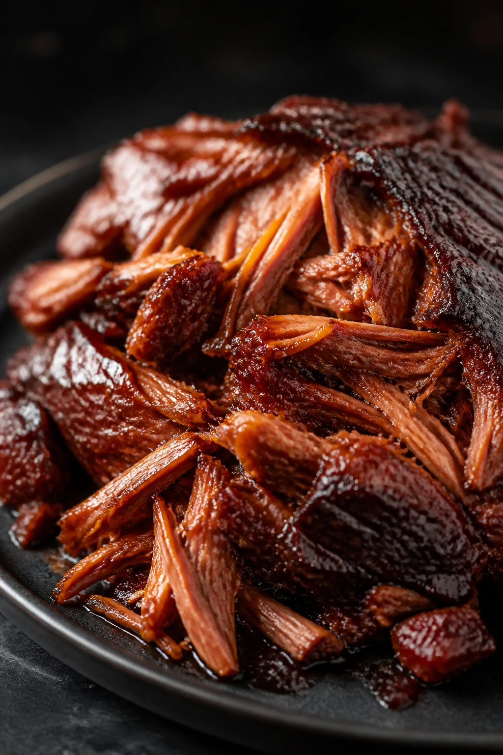Glazed pulled meat showing tender texture with barbecue style