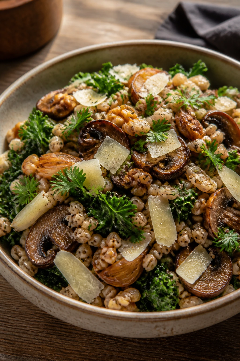 Close-up barley mushroom salad with Parmesan and walnuts