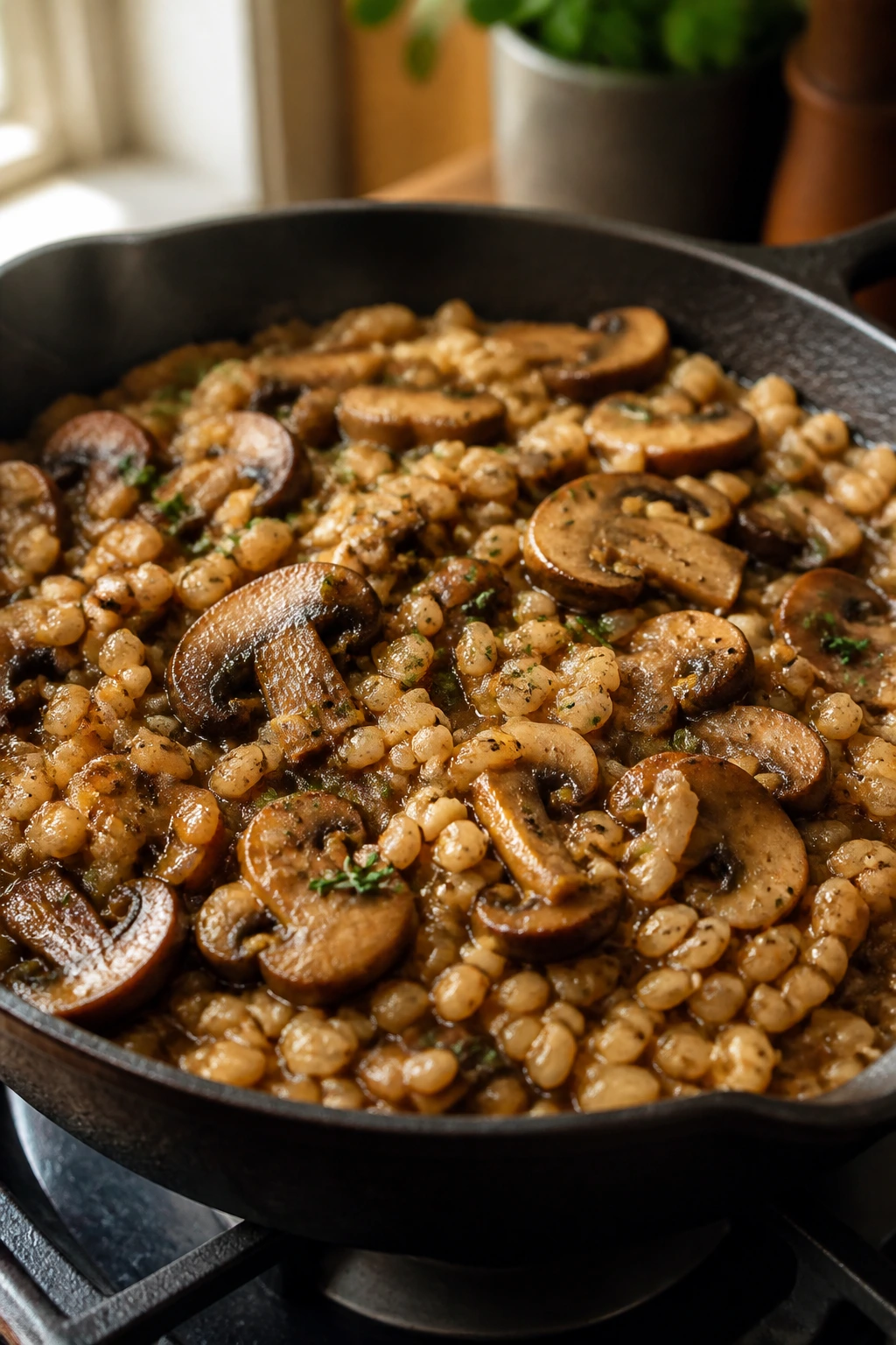 Skillet filled with barley and mushrooms in savory sauce
