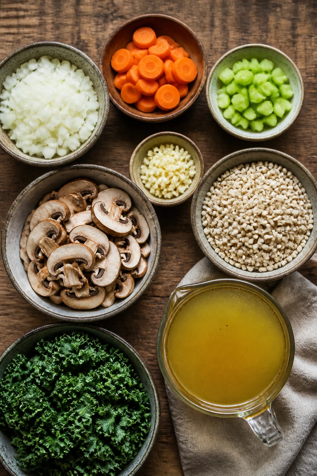 Top-down arrangement of core ingredients for creamy barley soup on a wooden board