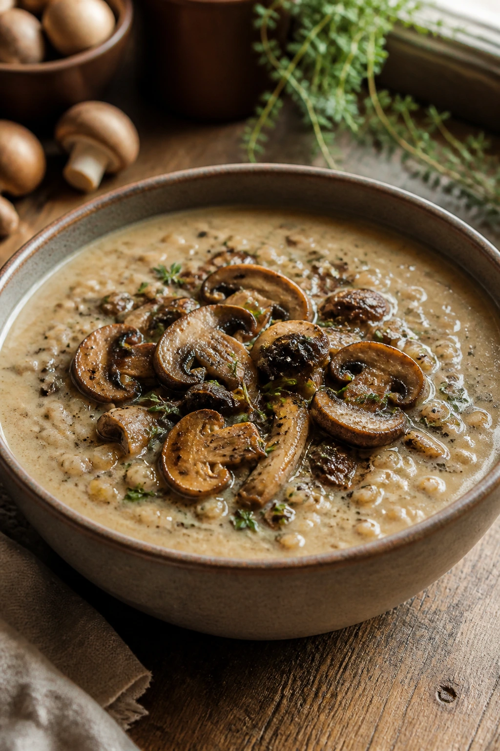 Mushroom-topped barley soup in a cozy bowl