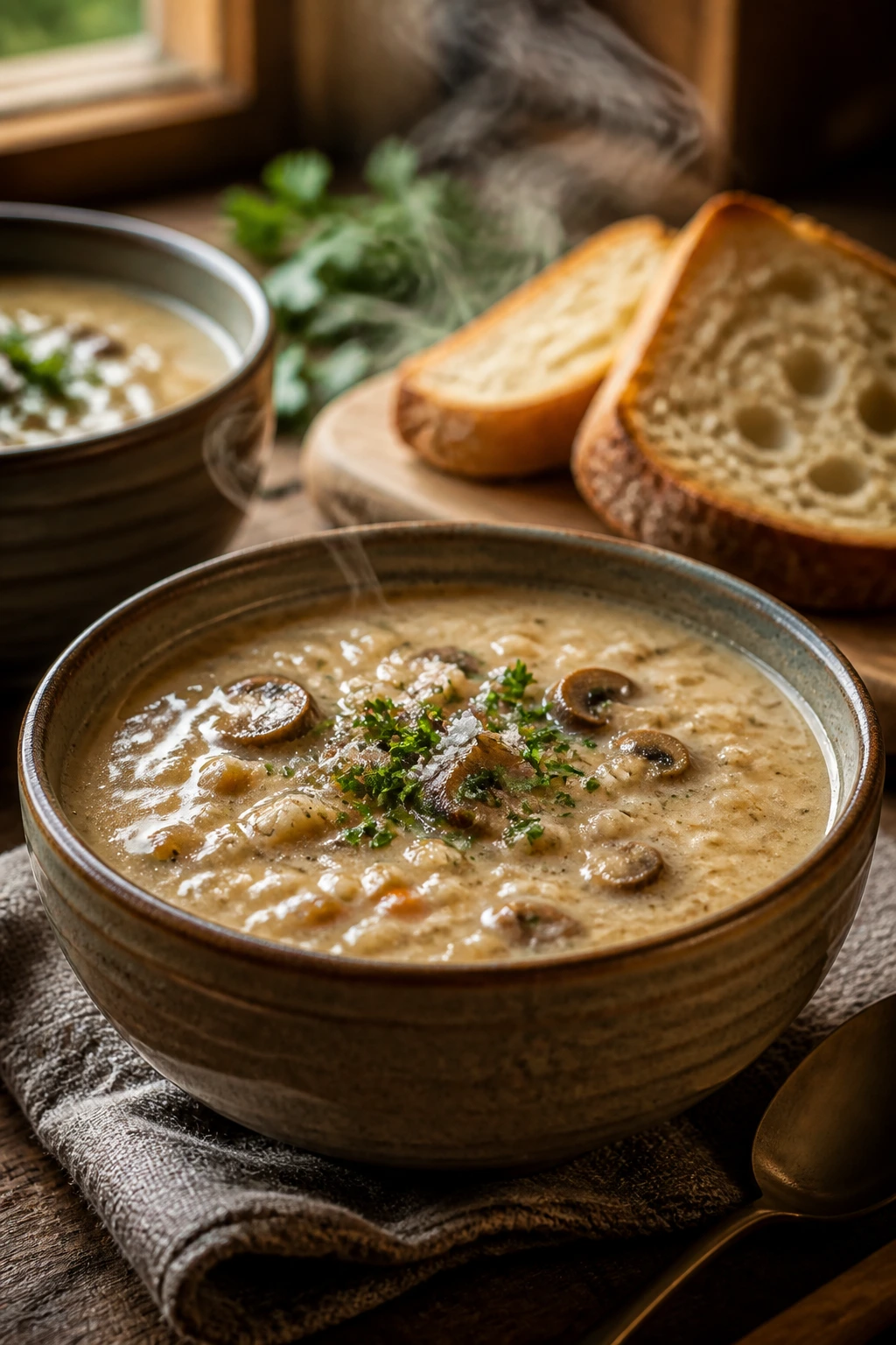 Close up of creamy barley soup in a warmed bowl with parsley, on a wooden board with sourdough, cozy kitchen