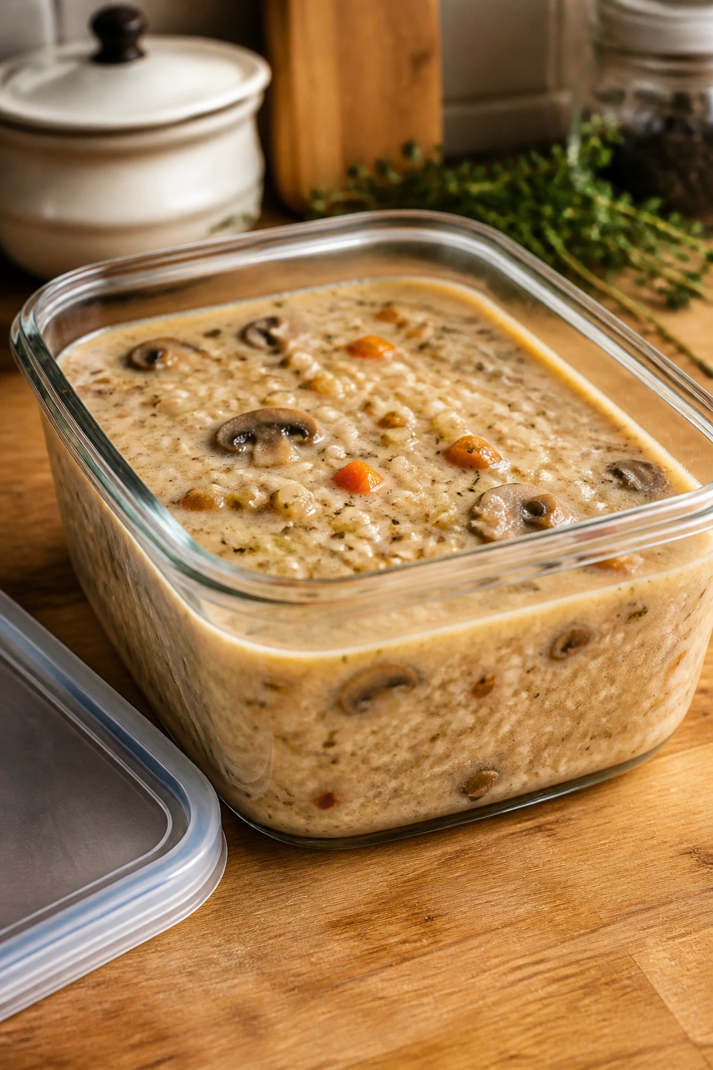 Glass container of barley soup ready for storage on kitchen counter
