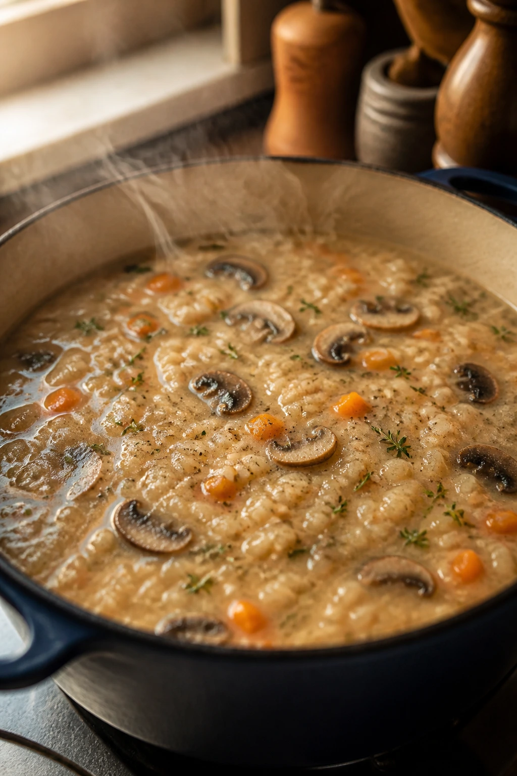 Pot of bubbling creamy barley soup on the stove with steam